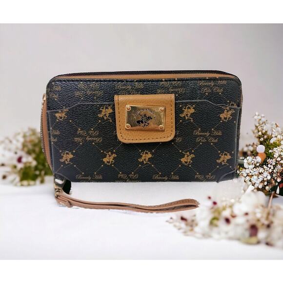 BEVERLY HILLS POLO CLUB Walllet w Wristlet Strap Card Slots Zip Pocket BROWN VNT - Picture 1 of 11